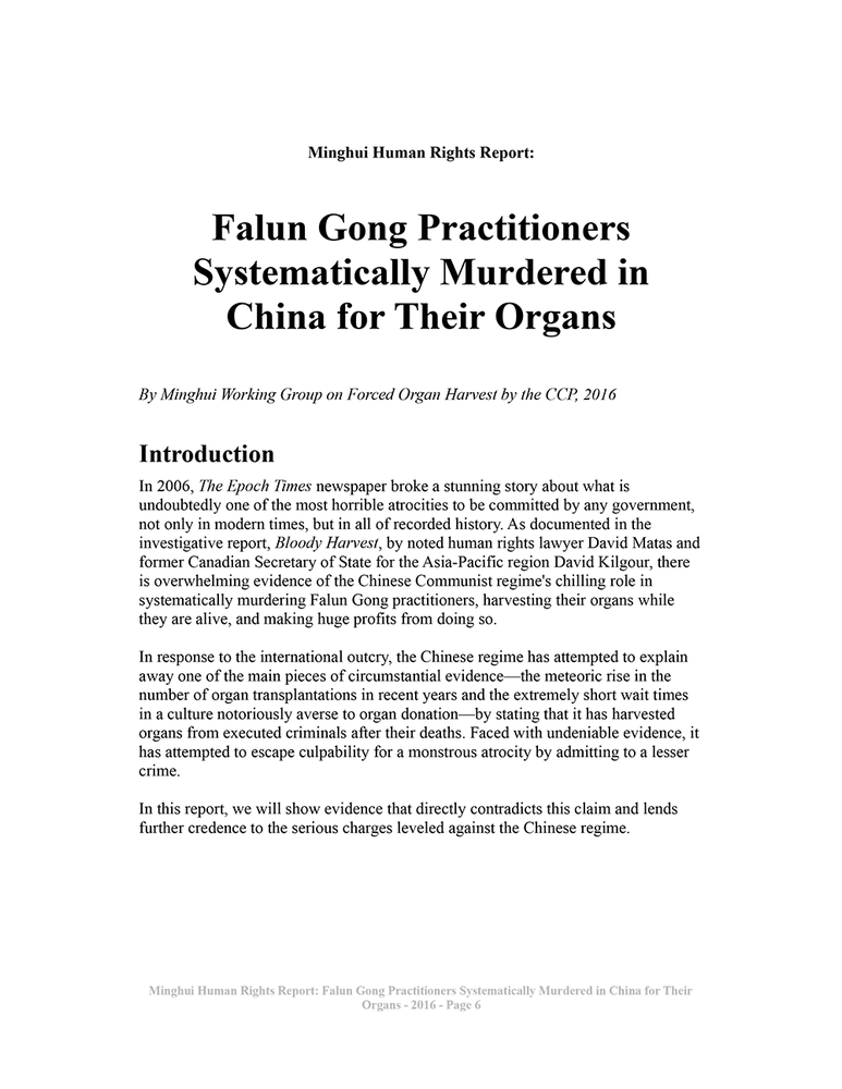 Minghui Report: Falun Gong Practitioners Systematically Murdered in China for Their Organs (2016)